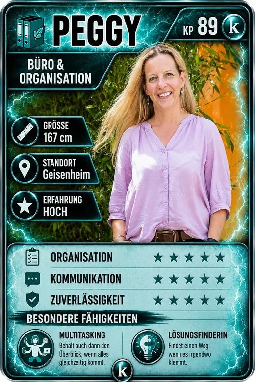 Sammelkarte von Peggy, KP 89, Büro und Organisation. Standort Geisenheim, Erfahrung hoch. Organisation, Kommunikation und Zuverlässigkeit je fünf Sterne. Besondere Fähigkeiten: Multitasking und Lösungsfinderin.