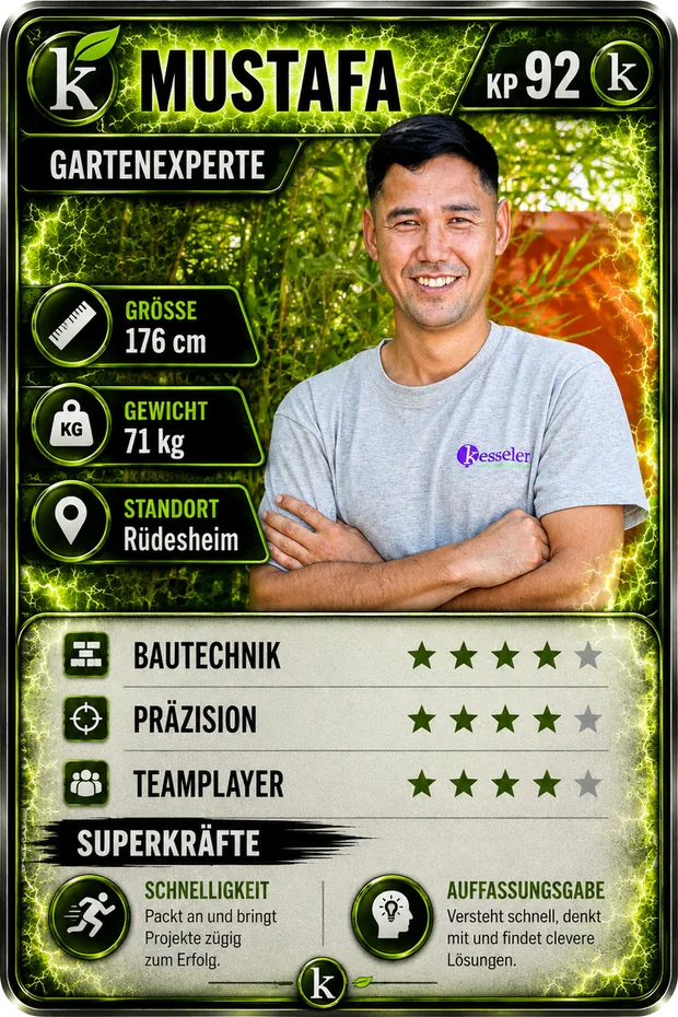 Sammelkarte von Mustafa, Gartenexperte: Bautechnik, Präzision, Teamplayer